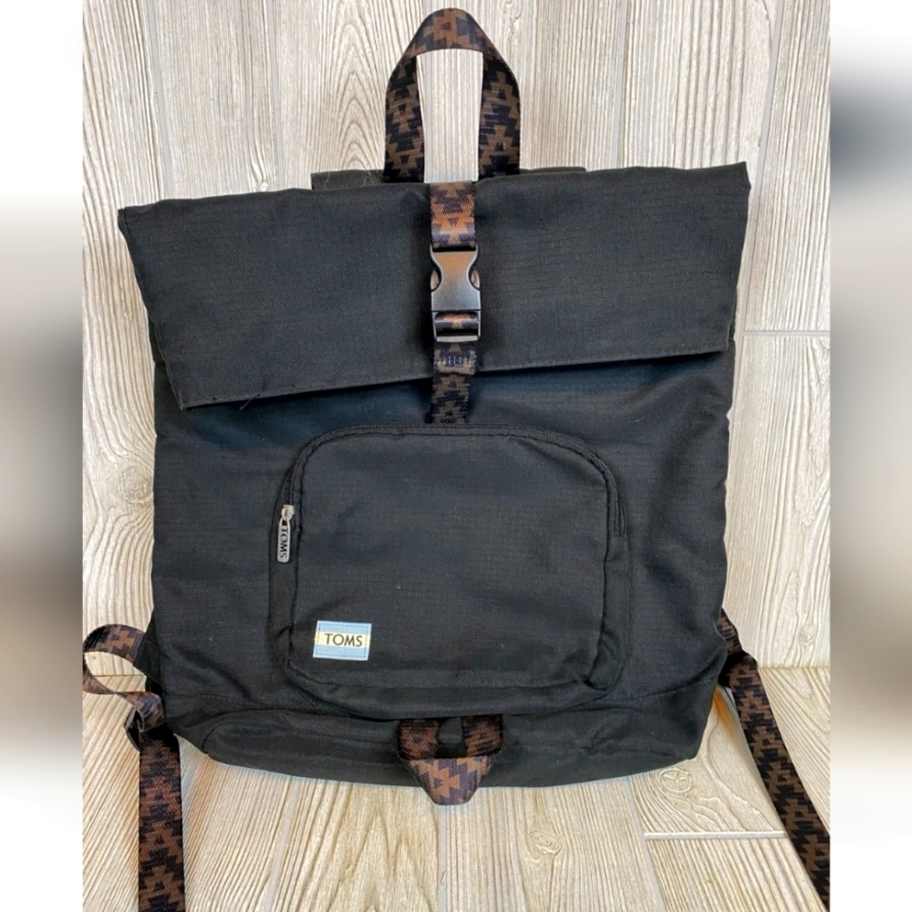 Toms StandUp Backpack in Solid Black with Aztec detail Zipper Closure Fold-over
